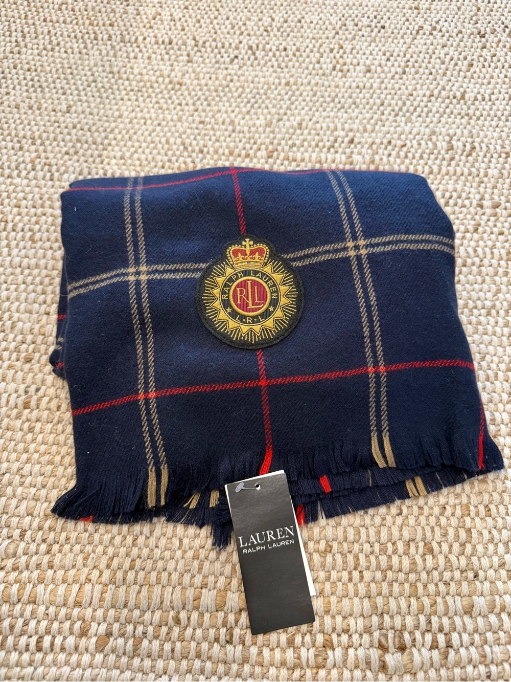Lauren Ralph Lauren Navy Plaid Scarf with Crest Emblem